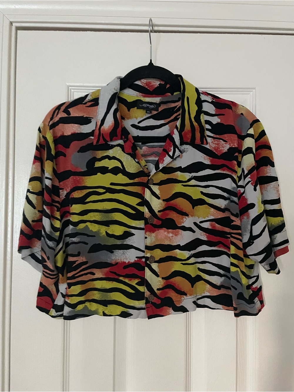 Ed Hardy Multicolor Zebra-Print Cropped Button-Down Top